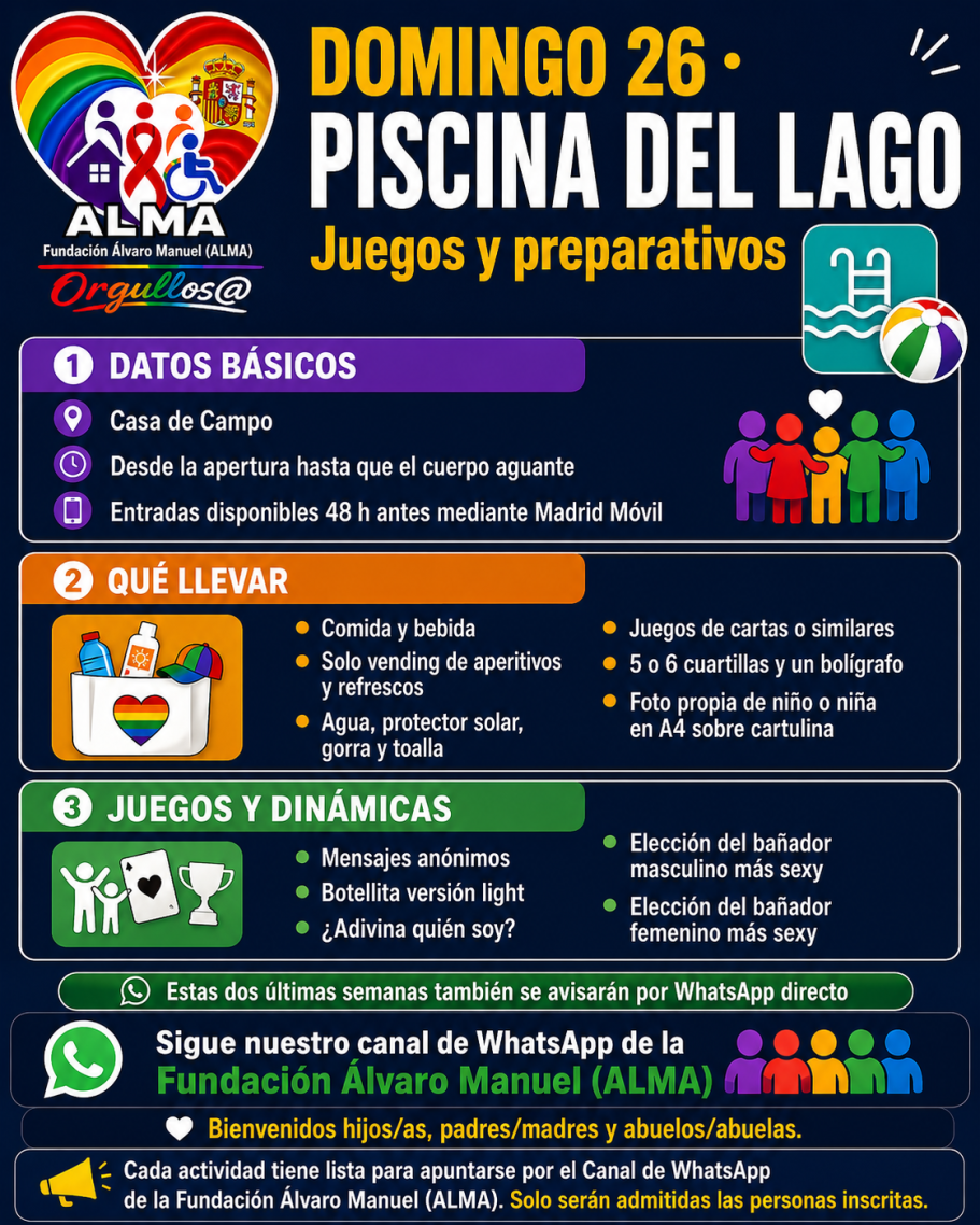 Evento "Piscina del Lago" con actividades y juegos programados para el 26 de domingo.