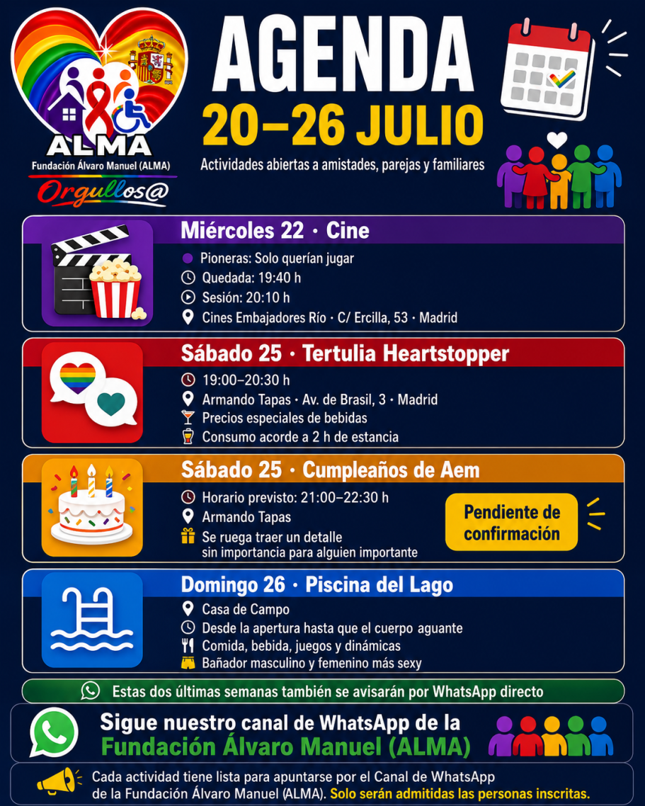 Agenda del evento del 20 al 26 de julio, incluyendo cine, tertulias y actividades.