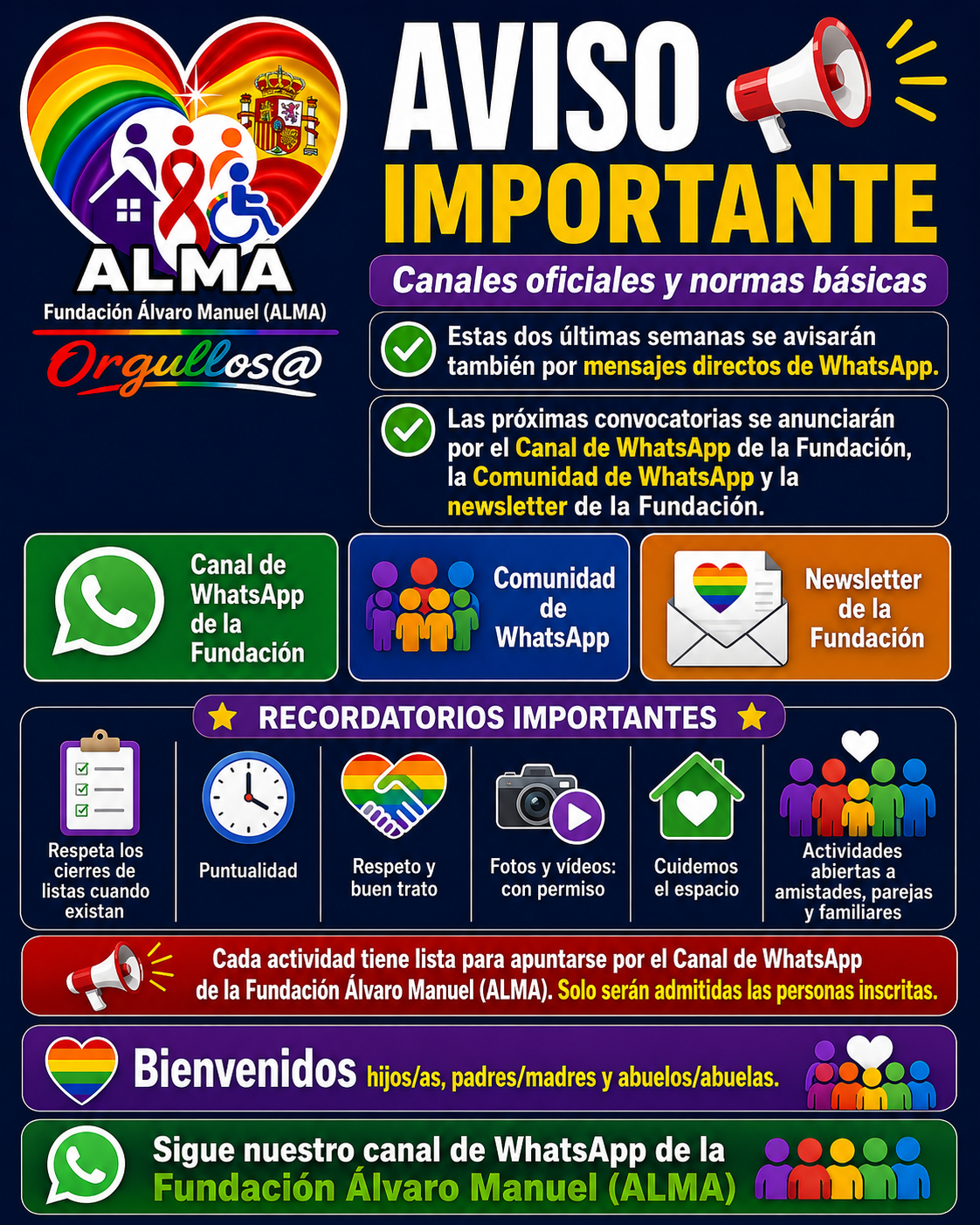 Aviso importante con información de contacto y recomendaciones de la Fundación ALMA.