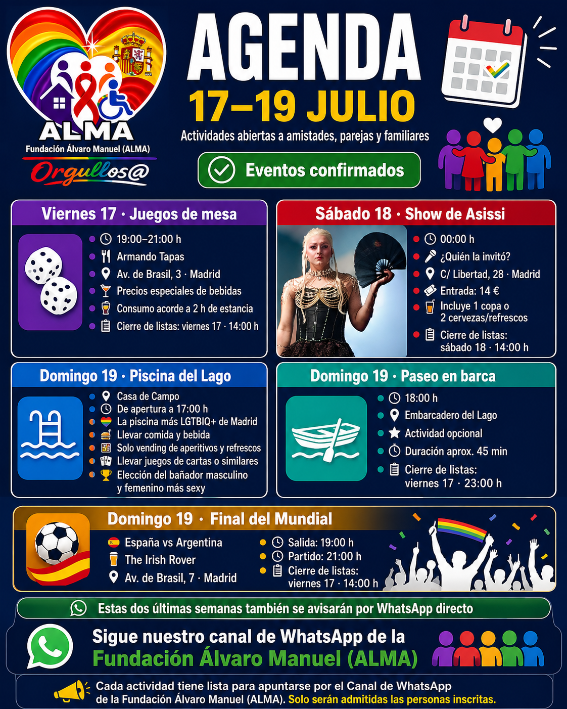 Agenda de eventos del 17 al 19 de julio, incluyendo actividades y programas variados.